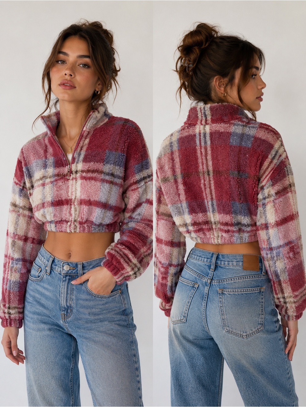 Shein Red Plaid Fuzzy Cropped Quarter-zip Cropped Jacket